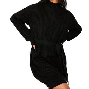 Zesica Women's Black Waffle Knit Sweater Dress Long Sleeve Tie Waist Pullover L‎